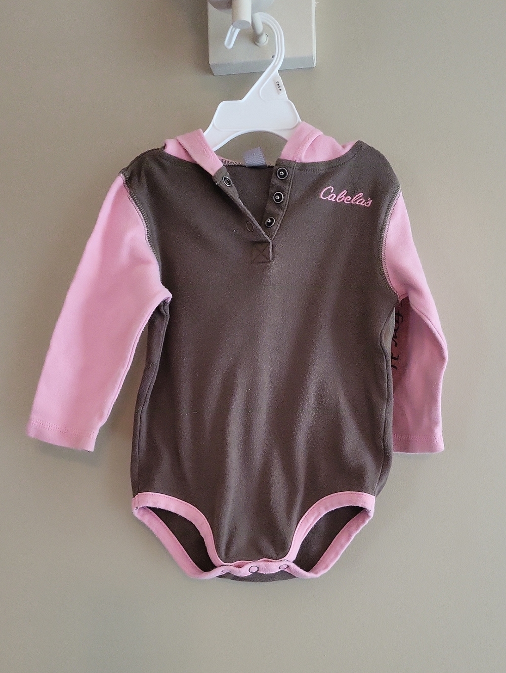 Cabela's brown & pink hooded long sleeve onesie/bodysuit